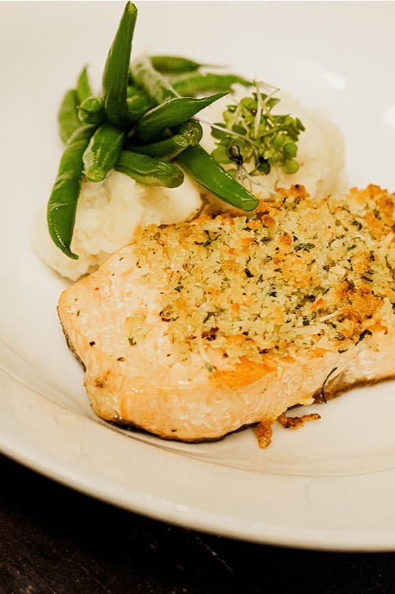 Salmon on a plate with Green Beans and Mashed Potatoes